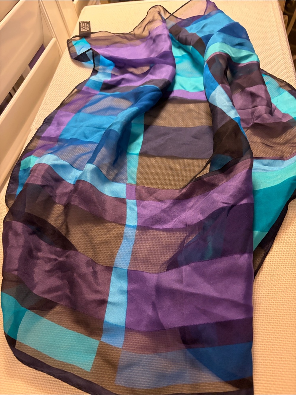 Vintage Adriene Vittadini silk geometric pattern in blues and purples 35”x35”.
